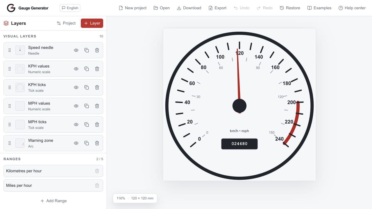 Gauge Generator editor with a complete gauge project and layer controls