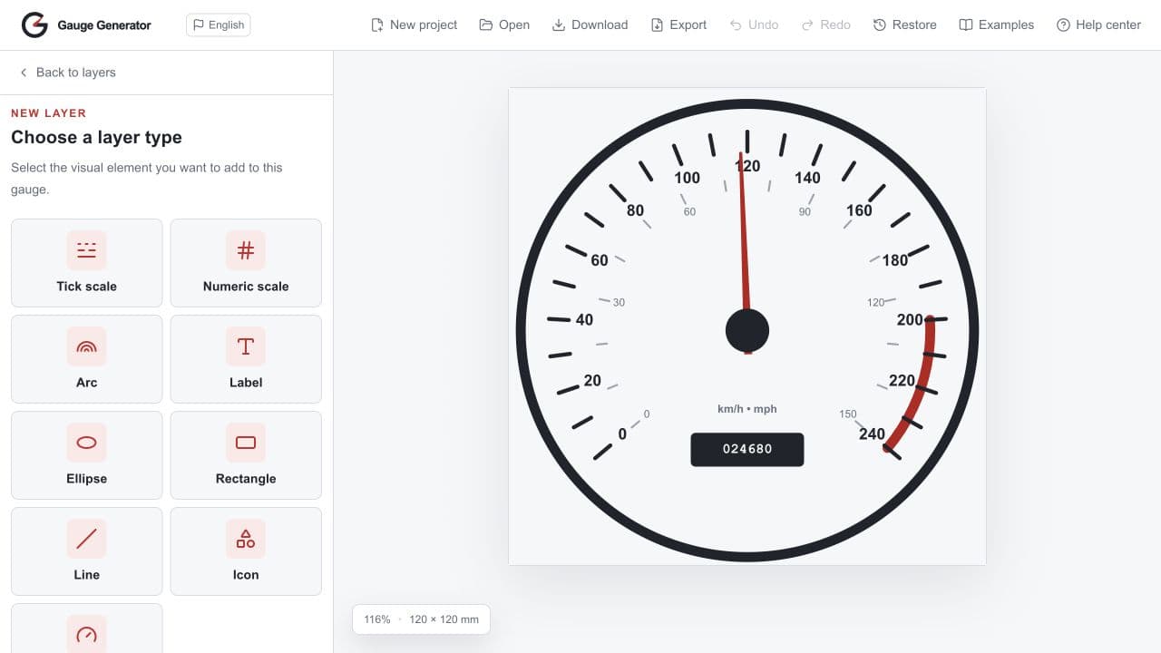 Visual layer picker showing the layer types available in Gauge Generator