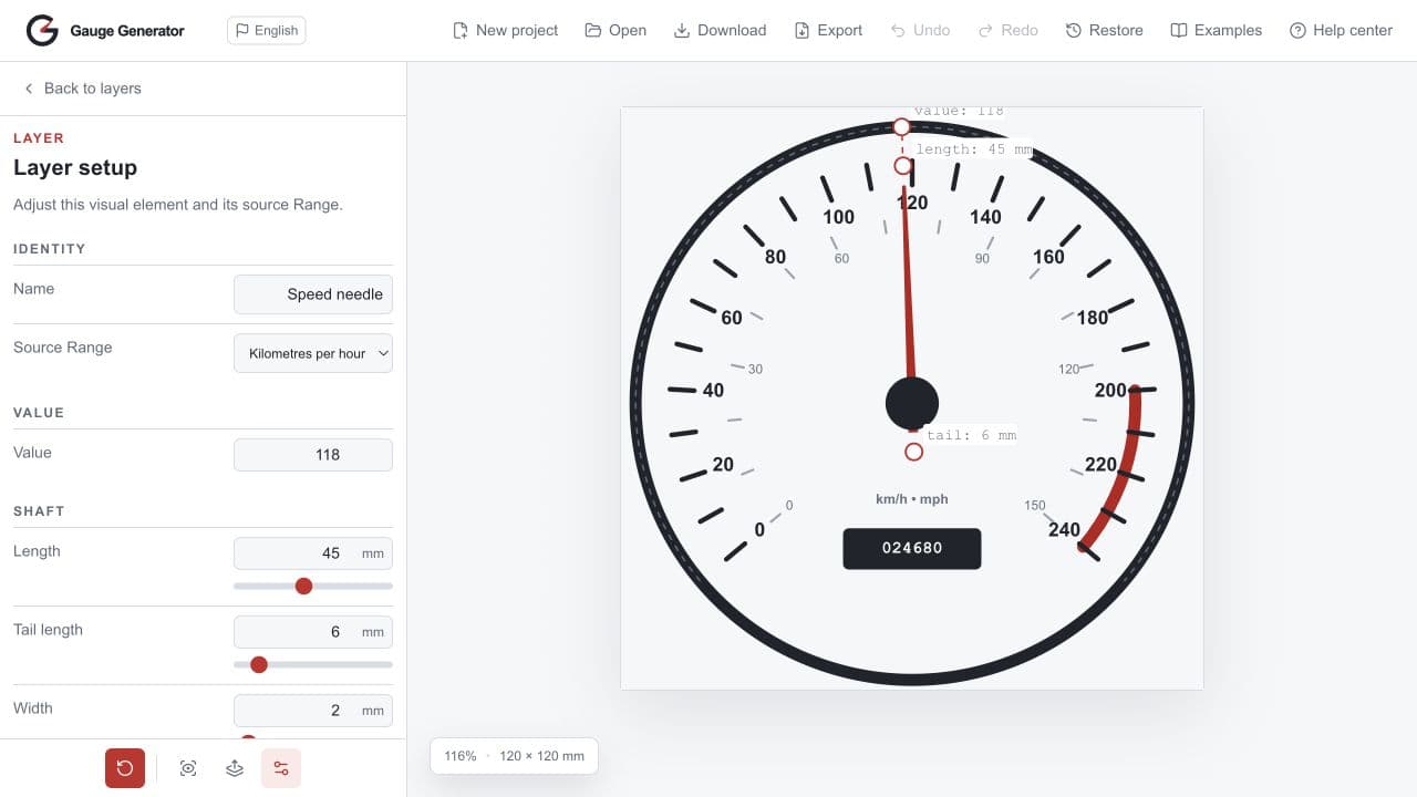 Needle layer properties beside its editing overlay on the live preview